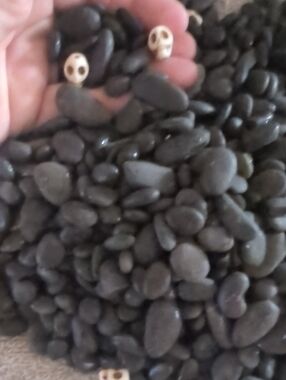 Large Bag Of Small Black River Pebble With Bone Skull Beads
